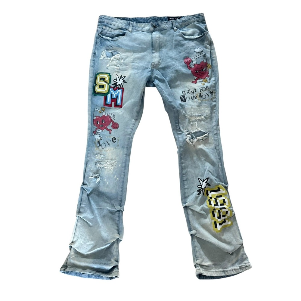Smoke Rise Jeans Mens 40x36 Grafitti Distressed  Moto Stretch Denim Streetwear